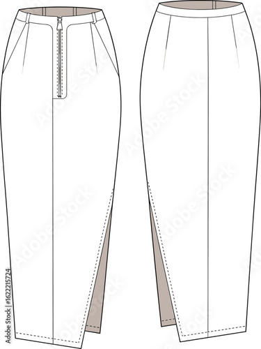 Elegant Pencil Skirt with Front Zipper and Asymmetrical Slit, Modern Fashion Apparel Technical Sketch for Design and Inspiration.