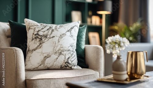 Beige armchair with marble-patterned pillow, teal accent pillows, and a vase