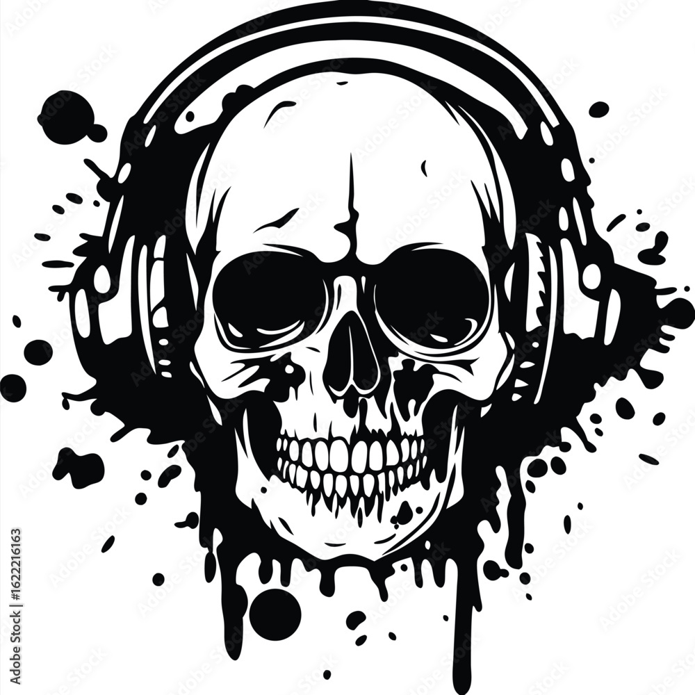 Fototapeta premium Ink splattered skull wearing headphones projects a bold artistic statement with monochrome simplicity against white