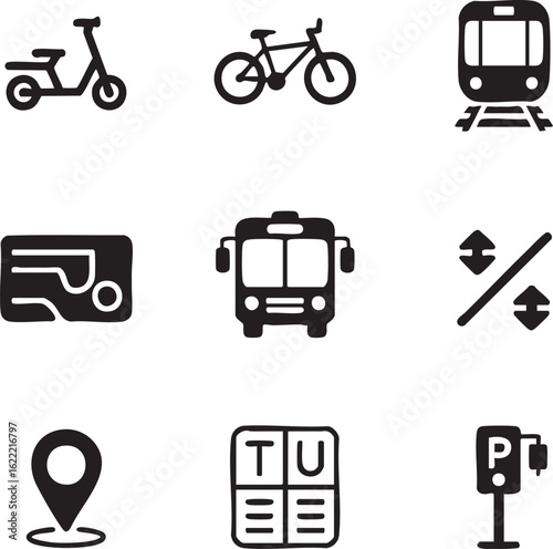Transportation and travel vector icon set solid style scooter,bicycle,train,map,bus,percentage,location,timetable,parking meter icon set