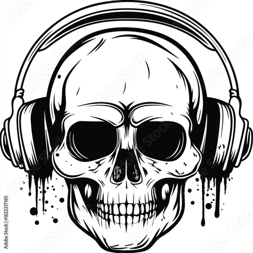 Detailed monochrome skull wearing headphones with splatters conveys a vivid artistic expression