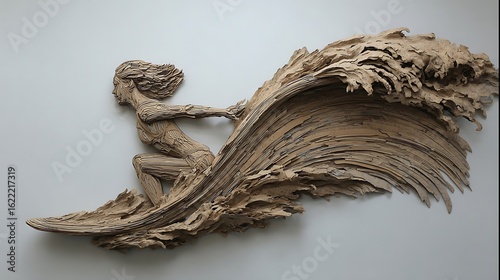 A sculpted figure riding a powerful wave.