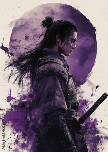 Samurai warrior looking down, purple