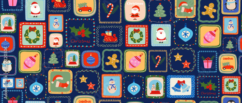 Seamless pattern with Christmas holidays in retro style with festive elements like Santa Claus, snowman, decorations and trees for gift wrapping or fabric design.
