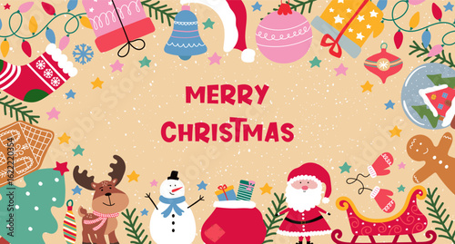 Merry Christmas with winter decor. Festive design for party banner or invitation card.