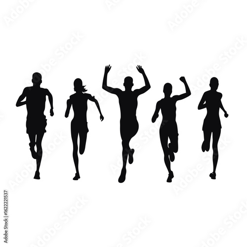 Five silhouette athletes, diverse genders, are captured midrun with varying arm gestures against a white background