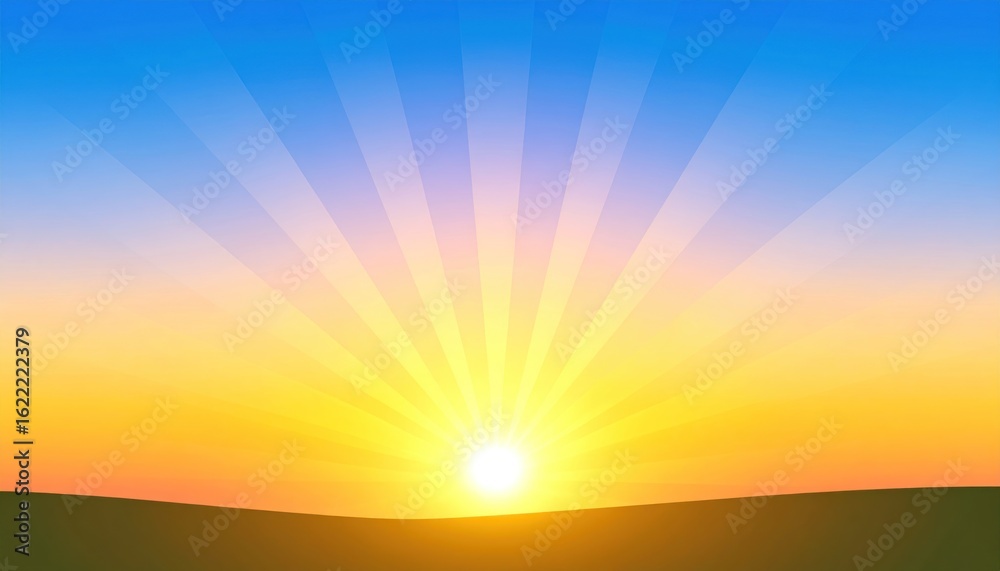 Obraz premium Sunrise over rolling landscape with vibrant color palette and light beams