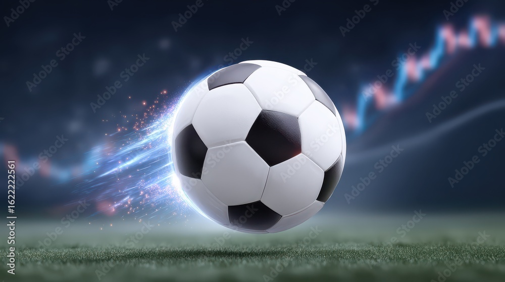 Fototapeta premium An image of a football (soccer) with a stock market graph in the background, symbolizing how investing is like playing sports or investing in the sports business.