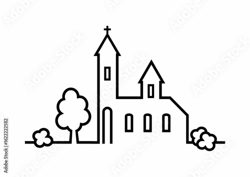 Obraz na plátně landscape, church with trees and bushes, black line, outline, famous place symbo