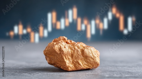 An image representing the rising price of copper, driven by increasing demand, featuring a copper nugget with a growth chart or graph in the background.