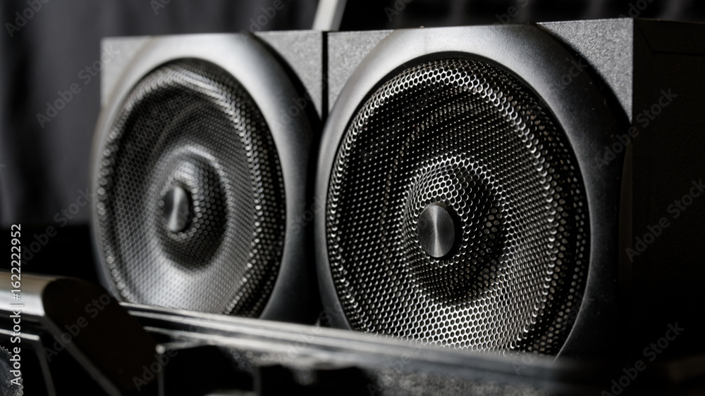 Φωτογραφία Close-up of black wooden hi-fi speakers with metal mesh grilles in a dark interior, capturing bass-rich audio technology for audiophile music playback