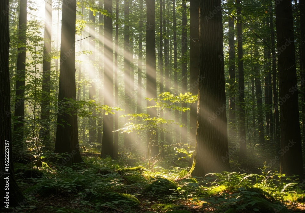 Fototapeta premium Sunbeams pierce through dense forest canopy illuminating the lush green undergrowth