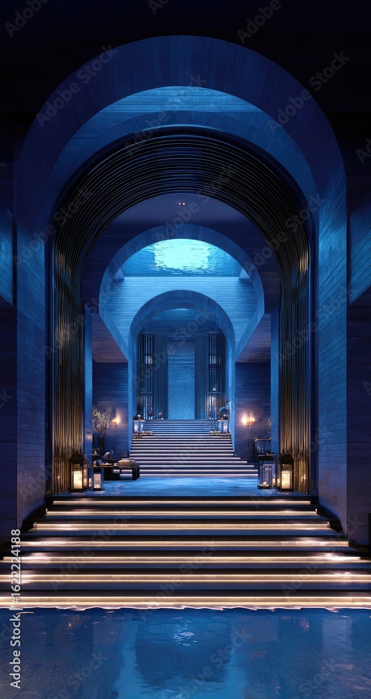 Fototapeta premium Tranquil, arched spa hallway with steps leading to a pool