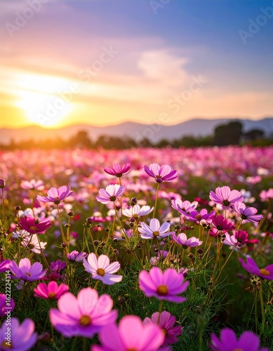 Colorful cosmos field at sunset