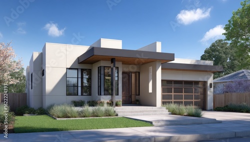 Modern house facade  light cream walls  dark accents  contemporary design  front view