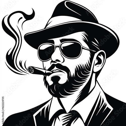 Bearded man with hat smokes a cigar in a striking black and white design