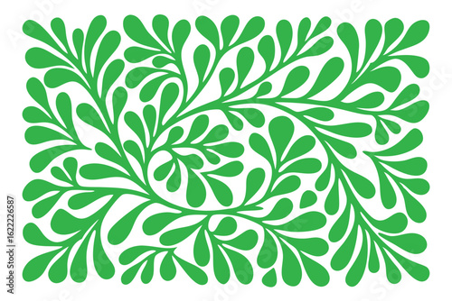 Green foliage grows densely together, forming a stylized leafy organic pattern on white