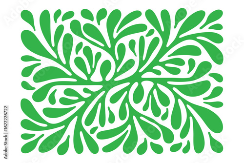 Abstract pattern featuring numerous vibrant green water drop forms clustered against a bright white backdrop