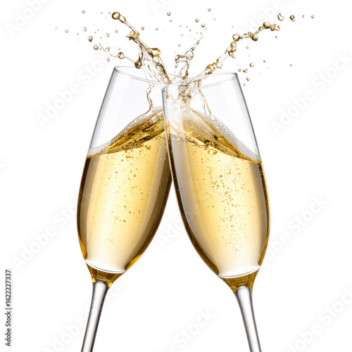 Champagne glasses toasting with Champagne splashing isolated on white and transparent background.