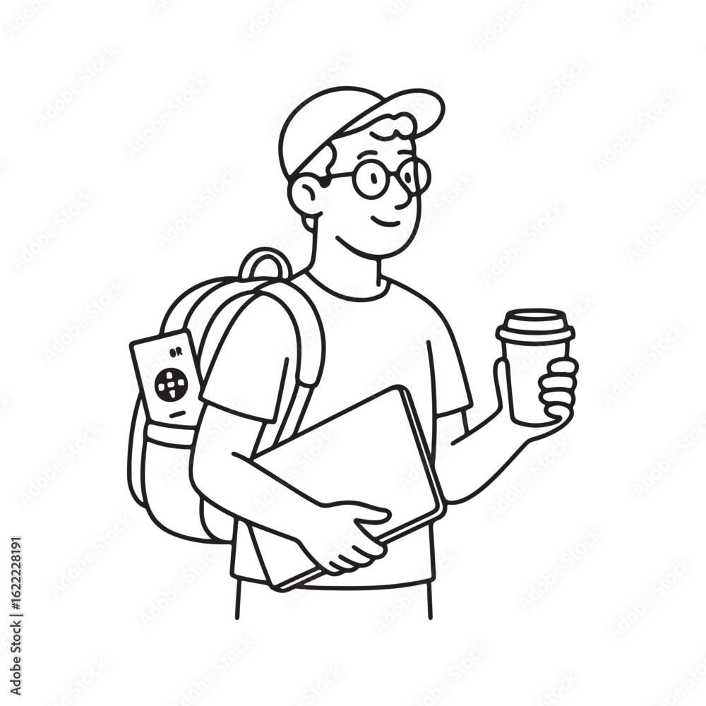 Young Freelancer with Laptop Backpack and Coffee Cup in Minimalist Line Drawing Style Young Freelancer with Laptop Backpack and Coffee Cup in Minimalist Line Drawing Style