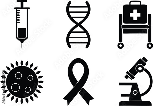 Medical research and healthcare icons including dna virus microscope syringe and ribbon