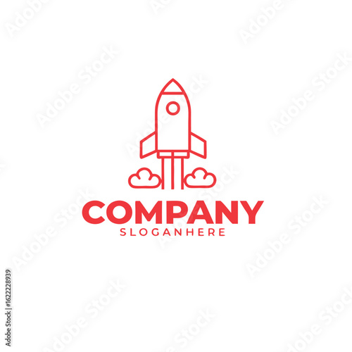 Clean line art shows red rocket launching with vapor trails on a white background