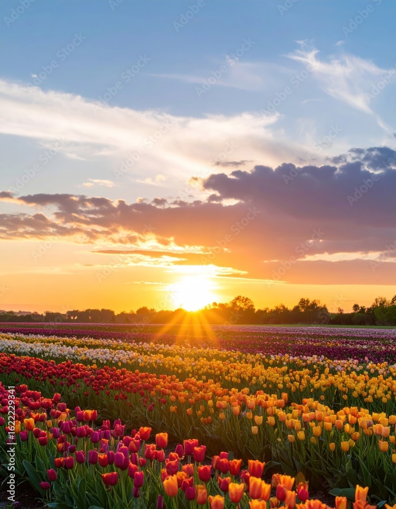 Fototapeta premium Colorful tulip field at sunset (1)