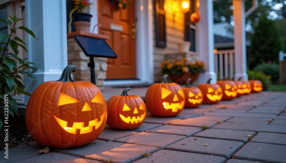 Obraz premium Glowing jack-o'-lanterns line a porch during Halloween festivities.