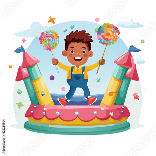 This candy cartoon is mid-bounce on a licorice bouncy castle, with jellybeans flying and energy soaring