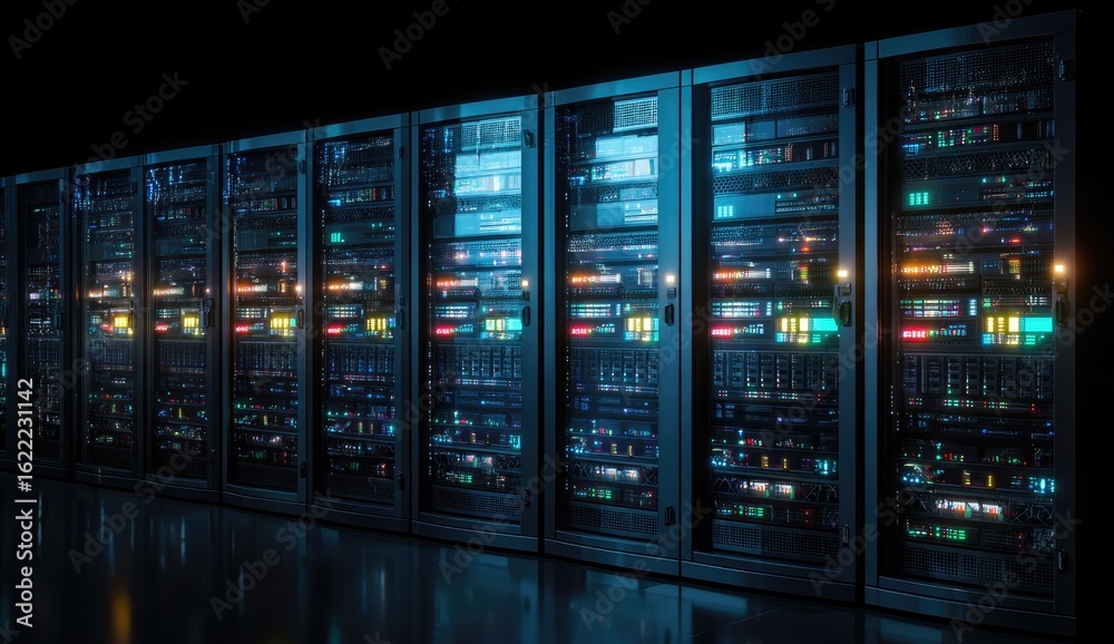 Dark server racks illuminated by colorful LEDs Dark server racks illuminated by colorful LEDs