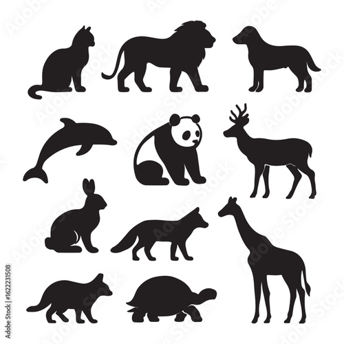 Collection of  minimalist black animal silhouettes: cat, lion, dog, dolphin, panda, deer, rabbit, fox, giraffe, tortoise, and two canids.