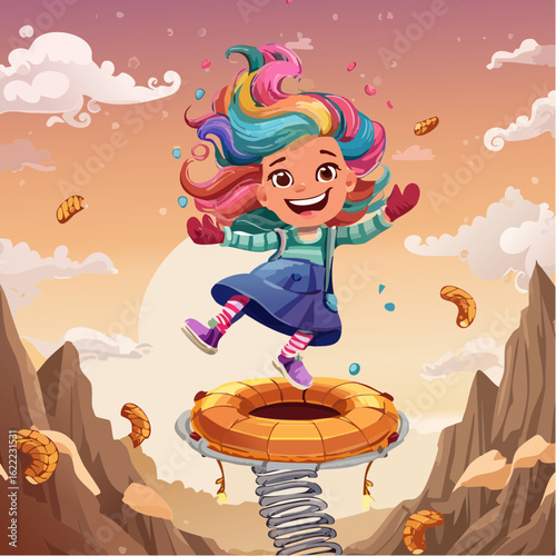 Gummy worms wriggle and bounce as this spaghetti-haired cartoon sails through a cookie canyon of candy joy.