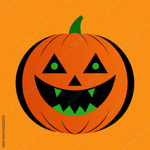 Happy halloween jack o lantern with green eyes and teeth