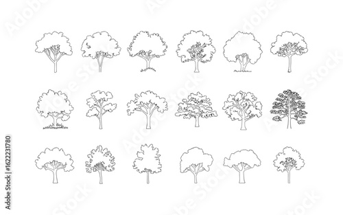 Vector Line Art of Various Trees: Outlines for Coloring Books, Educational Materials, or Landscape Design Illustrations in Black and White