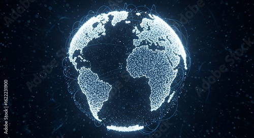 Glowing digital Earth, global network, interconnected world, data visualization.