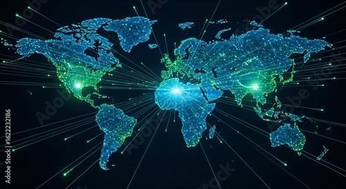 Global network connections illustrated as a glowing, interconnected world map.