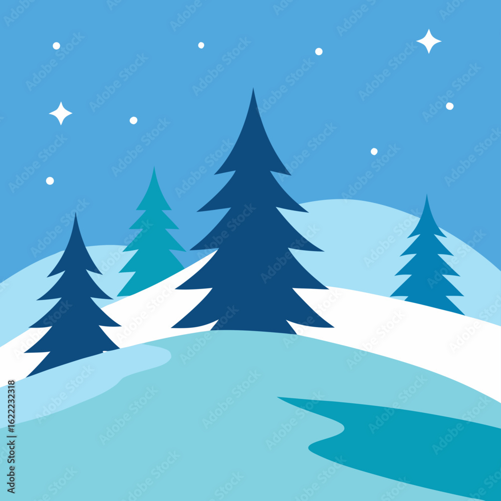 Obraz premium Stylized winter landscape with snow covered hills and pine trees