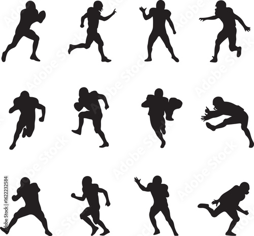 American football players in various action poses silhouettes running