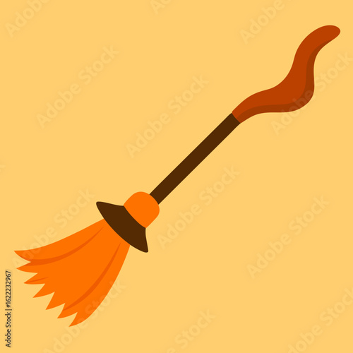 Cartoon witch broom with orange bristles and brown handle