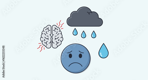 Mental health sadness and rain cloud emotional distress illustration