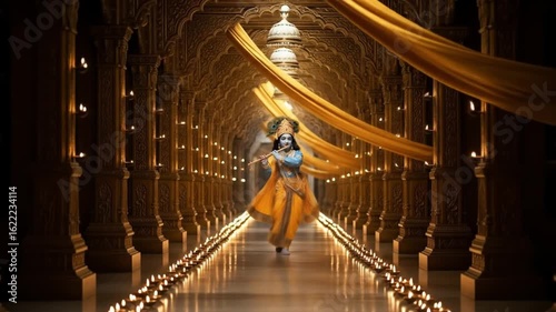Divine Lord Krishna Plays Flute Amidst Golden Temple Corridor Lit by Diyas