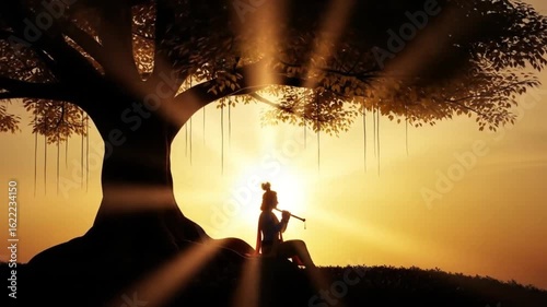 Serene Silhouette of Krishna Playing Flute Under Banyan Tree at Golden Hour Sunrise