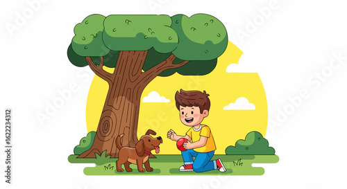 Boy playing with dog under tree in park