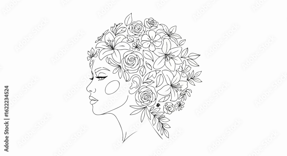 Line art woman with floral headpiece for creative design Line art woman with floral headpiece for creative design