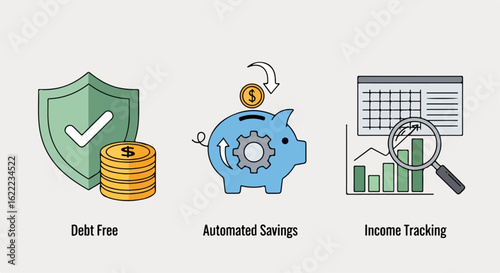Financial management icons for debt free savings and income tracking