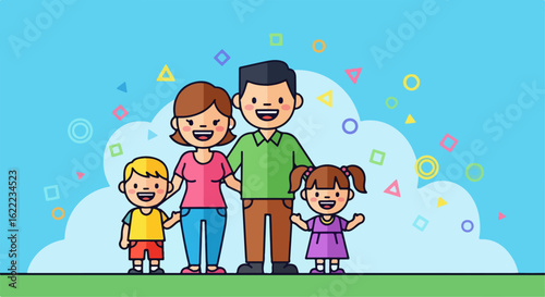 Family group photo with children and parents in cartoon style