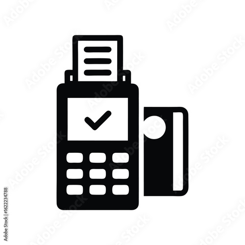 Black silhouette showing a payment terminal with a credit card and completed transaction