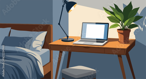 Bedroom Workspace with Desk Lamp and Laptop