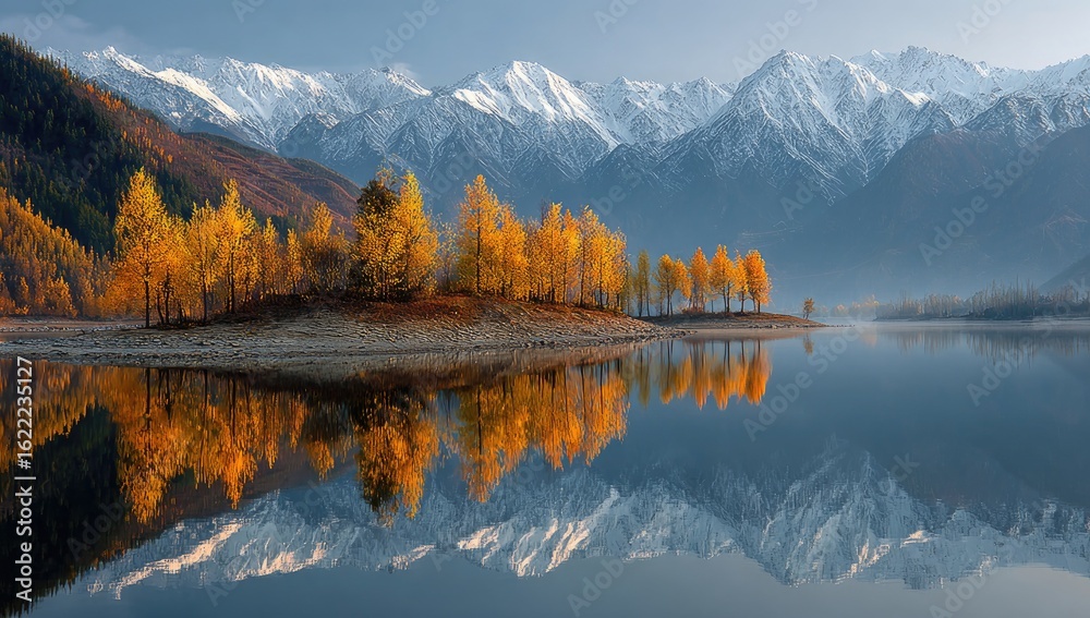 Fototapeta premium Tranquil autumn lake reflecting snow-capped mountains. A serene landscape of a calm lake mirrored by vibrant autumn foliage.