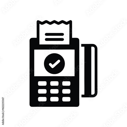 Black silhouette of a modern POS terminal shows a credit card transaction complete